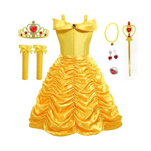 Disnnie Robe Deguisement de Princesse Belle - Fille Hors épaule Robe de Princesse avec Accessoires Halloween Carnaval Anniver