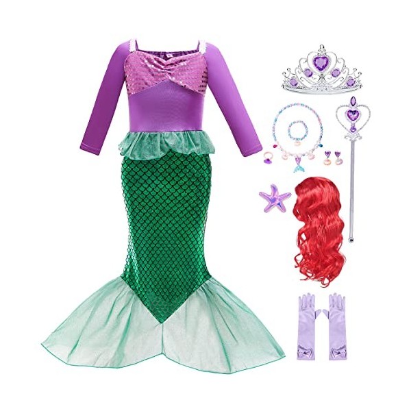 LiUiMiY Déguisement Sirène Costume Fille Robe Princesse Ariel Enfant pour Anniversaire Carnaval Fête Halloween avec Accessoir