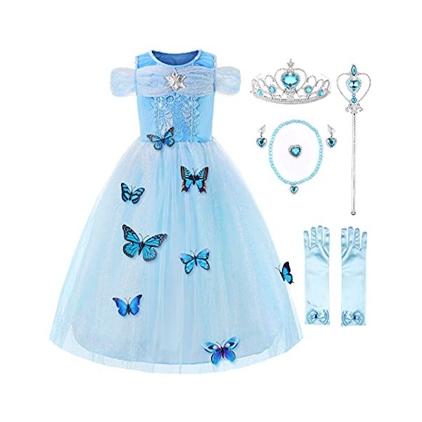 Ohlover Déguisement Princesse Fille Robe de Noël Papillon avec Accessoires 4 ans, Bleu 