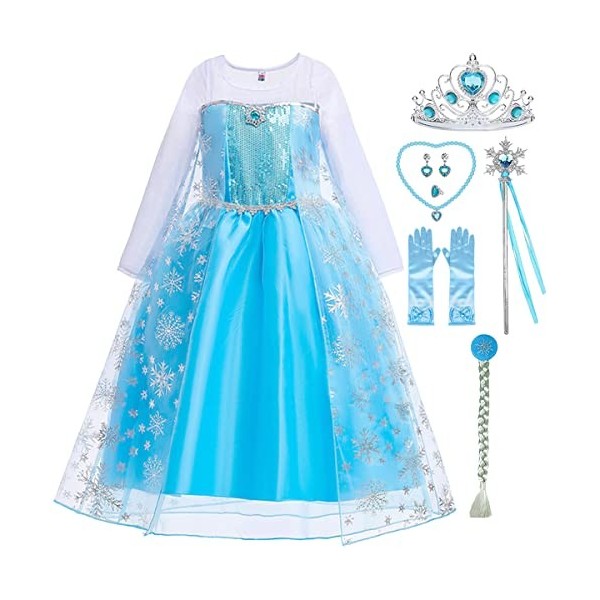 Snyemio Robe Princesse Fille Elsa Déguisement Reine des Neiges Costume Bleu Canarval Noël Halloween Cosplay, 2-3 Ans