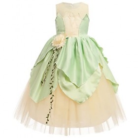 Robe de Princesse Tiana Fille Déguisement Princesse Grenouille Costume Verte Robe avec Accessoires Set pour Enfants Cosplay H