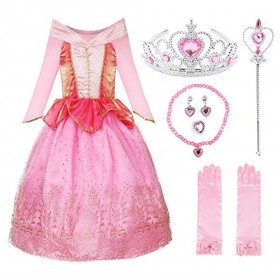 JerrisApparel Fille Princesse Aurora Costume Élégant Tulle Fête Robe Aurore Rose avec Accessoires, 8 Ans 