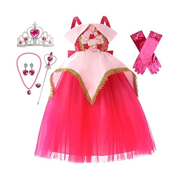 Windskids Princesse Aurore Déguisement et Accessoires Fille Cosplay La Belle au Bois Dormant Costume Fleurs Robe de Princesse