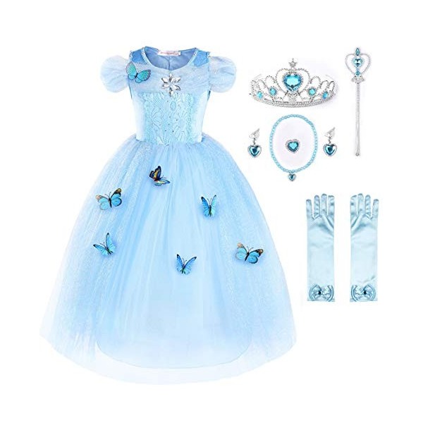 JerrisApparel Robe De Cendrillon Robe De Princesse Costume 100cm, Bleu Ciel avec Accessoires 