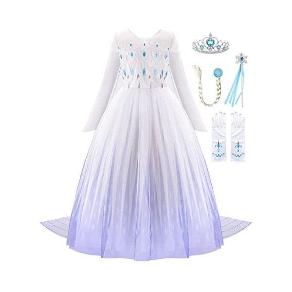JerrisApparel Filles Princesse Costume Neige Fête Robe Halloween Cosplay Déguisement 4 Ans, Blanc avec Accessoires 