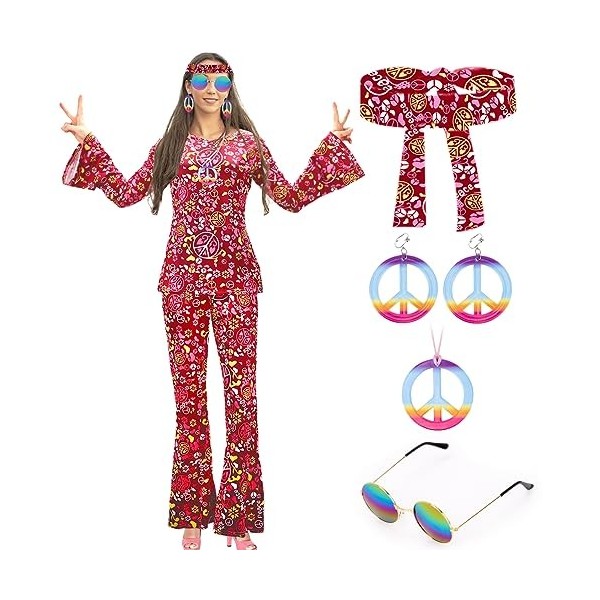 Vêtements pour femme des années 60 et 70 - Avec haut hippie - Pantalon évasé - Accessoire disco - Costume hippie - Vêtements 