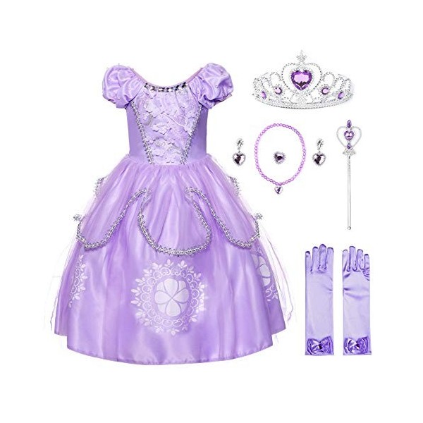 JerrisApparel Fille Costume Princesse Sofia Tulle Anniversaire Fête Robe 4 Ans, Violet avec Accessoires 