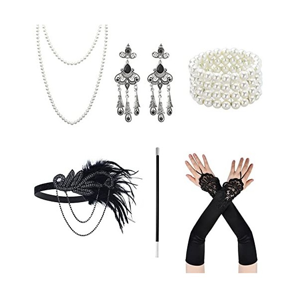 Cckuu Ensemble daccessoires des années 1920-1920, Gatsby le Gatsby le Magnifique pour femme, porte-bandeau, gants, collier d