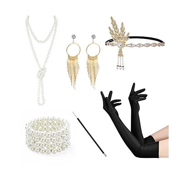 Cckuu Ensemble daccessoires des années 1920-1920, Gatsby le Gatsby le Magnifique pour femme, porte-bandeau, gants, collier d