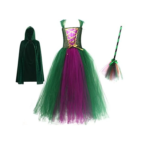 Costume dHalloween pour enfant,Costume de sorcière pour fille,Hocus Pocus Scarlet,Robe en tulle,Balai de sorcière,Cape de so