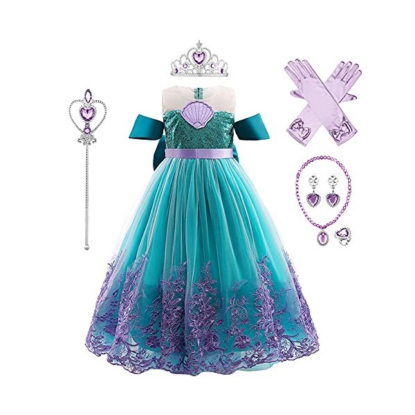 IWEMEK Costume de petite sirène Ariel pour fille - Avec accessoires - Pour cosplay - Pour Noël, Halloween, carnaval, fête - V