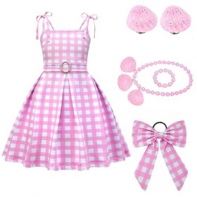 shengo Costume rose pour fille, robe de Margot Robbie pour fille, déguisement à carreaux roses avec accessoires, déguisement 