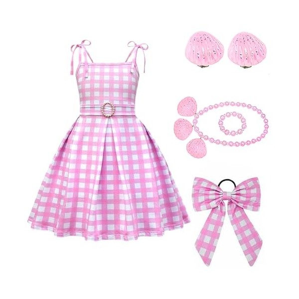 shengo Costume rose pour fille, robe de Margot Robbie pour fille, déguisement à carreaux roses avec accessoires, déguisement 