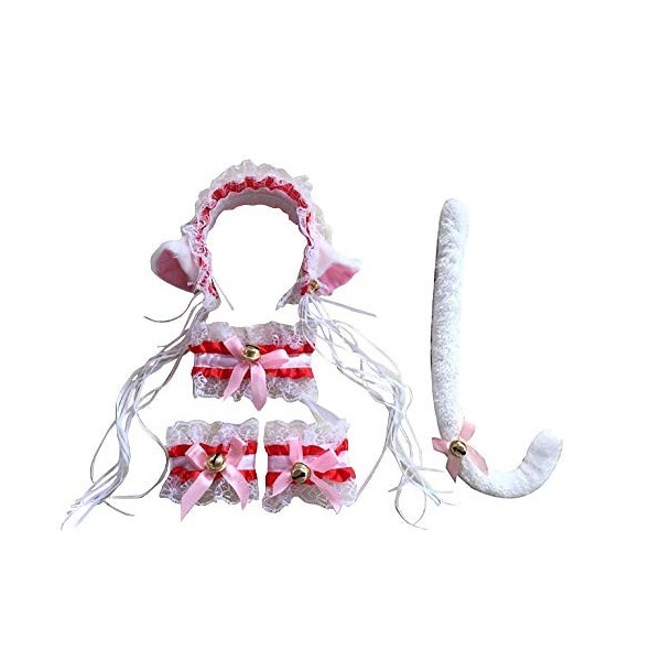 Blanc et rouge - lot chat chaton sexy - bandeau - queue - bracelets - collier - déguisement - carnaval - halloween - accessoi