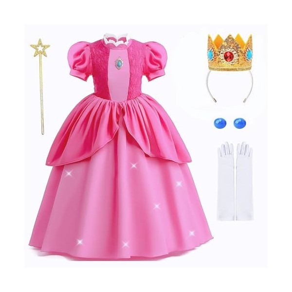 Yigoo Princesse Peach Costume Pêche Filles Robes Brillantes Enfants Carnaval Party Halloween Noël Déguisement Ensemble avec c