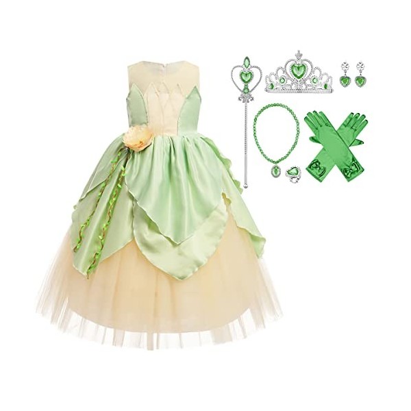 Deguisement Costume Fée Clochette, Robe de Fée Verte avec Bandeau + Bras pour Enfant Fille Vert+Accessoires 5-6 Ans