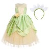 Deguisement Costume Fée Clochette, Robe de Fée Verte avec Bandeau + Bras pour Enfant Fille Vert+Accessoires 5-6 Ans