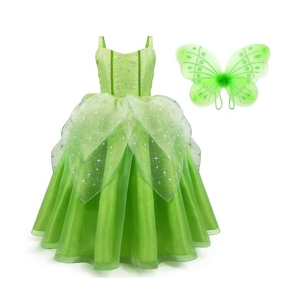 IDOPIP Deguisement Robe Princesse Tiana Enfant Fille, Costume Classique Princess and the Frog pour Anniversaire Fete Hallowee