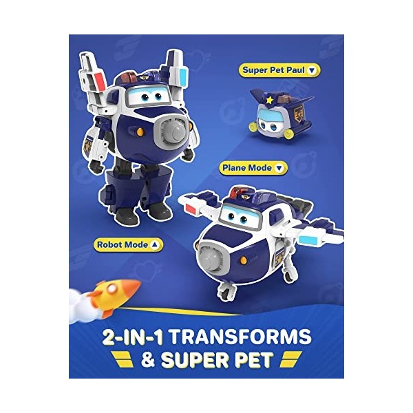 Super Wings EU750425 Transforming Supercharged Paul & Mini Super Pet Paul Toys for 3+ Year Old Boy Girl, Blue, One Size