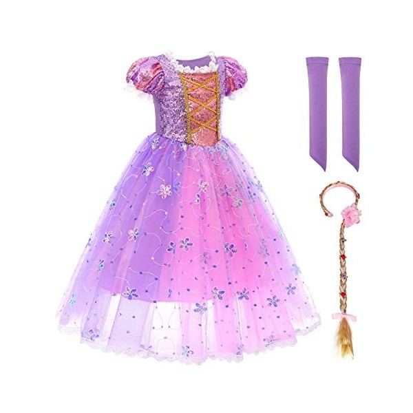 OBEEII Déguisement Raiponce Enfans Filles Robe de Princesse Rapunzel Cosplay Conte de Fée Robe de Soirée Halloween Noël Fête 