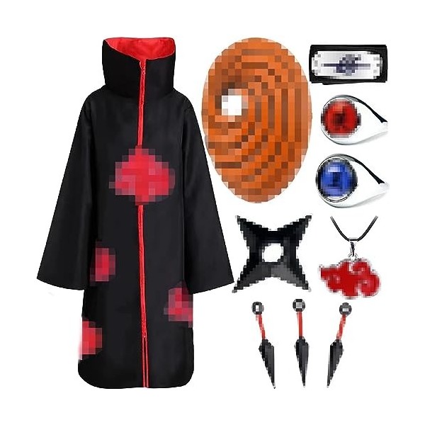 Akatsuki Deguisement Enfant Adulte Cosplay Itachi Costume avec 9 Pieces Cosplay Anime Accessoire Costume Obito Déguisement Ak