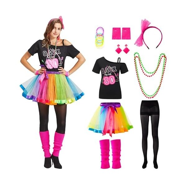 Churgigi Deguisement Annee 80 Femme et Enfant, Tenue Fluo Tutu Adulte Costume Année 80, Déguisement Année 80 90 Couple avec A