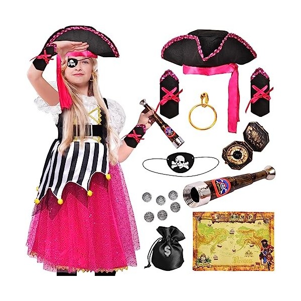 Tacobear Déguisement Pirate Enfant Fille Costume Pirate Fille avec Robe de Pirate Chapeau Carte Télescope Pirate Accessoires