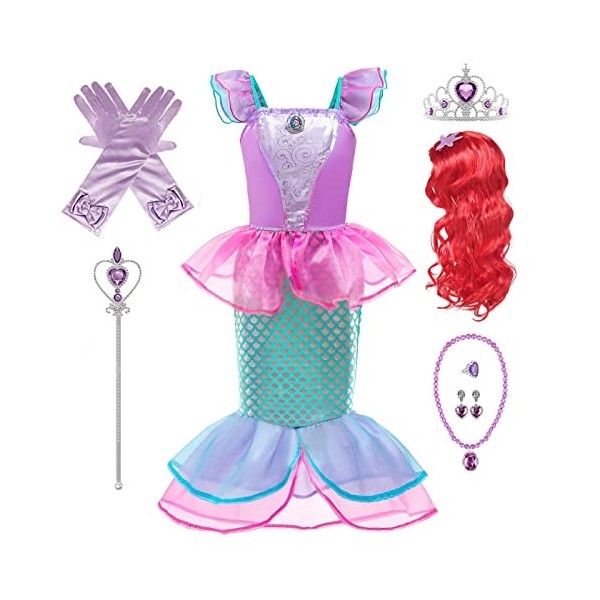 Emin Fille Robe de Princesse Sirène avec Accessoires Déguisement de Princesse Ariel Costume Anniversaire Fête Noël Halloween 