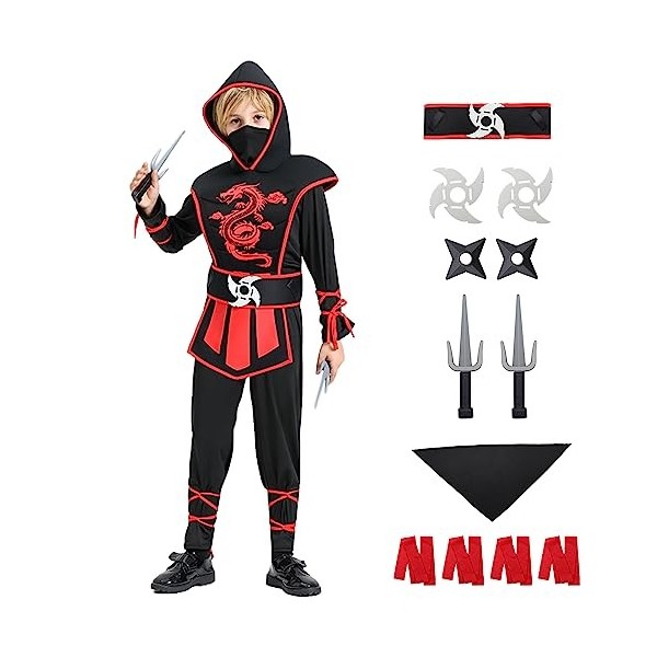 Mislaxy Déguisement Ninja pour Enfants Ensemble de Costume de Ninja avec Accessoires en Mousse Cosplay avec Motif de Dragon M