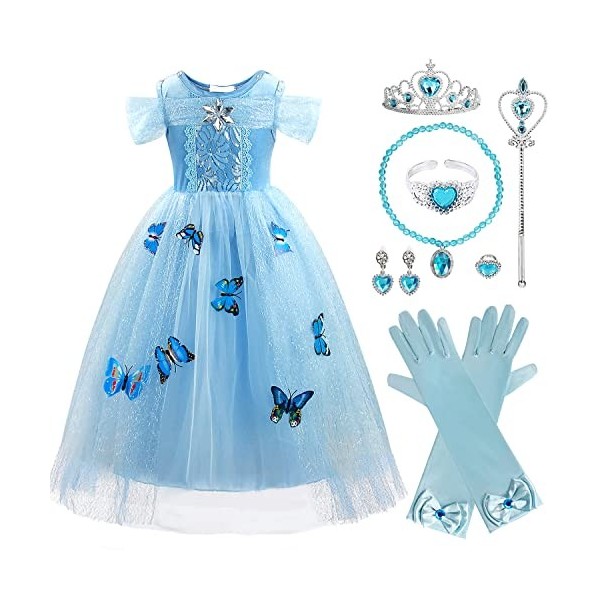 M MUNCASO Robe de princesse Cendrillon pour fille, costume de fête papillon, robe de princesse en tulle, déguisement avec acc
