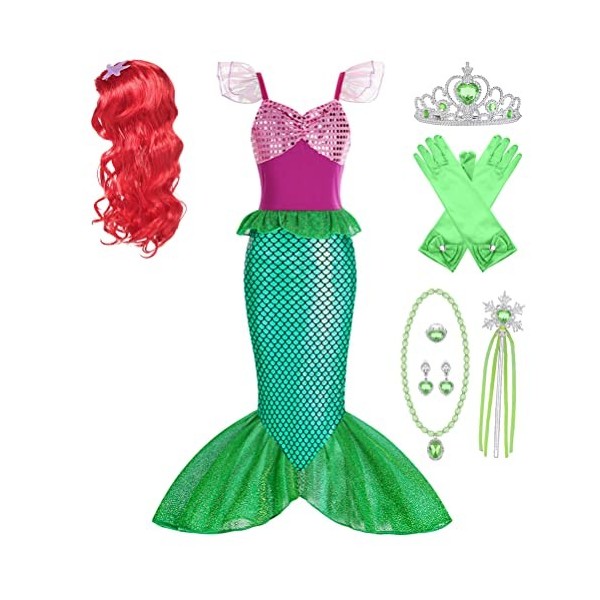 YOSICIL Deguisement Robe Princesse Ariel Costume de Sirène pour Enfant Fille Princesse Sirène avec Perruque Sirène Jeu de Rôl