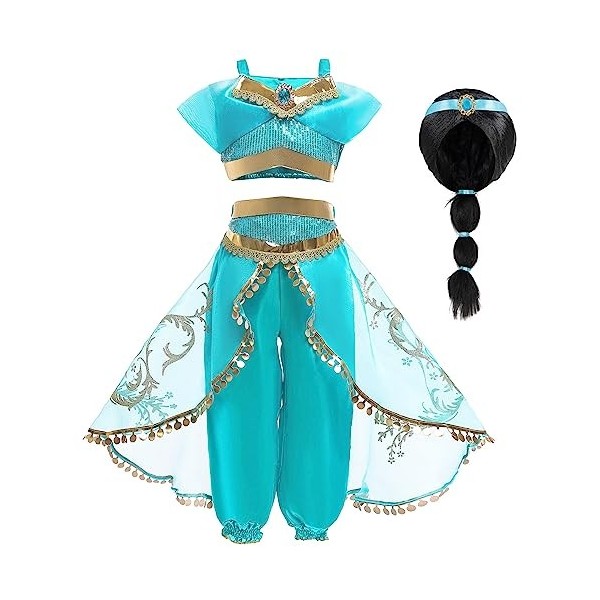 Cnexmin Deguisement Princesse Jasmine Fille Robe de Aladdin Princesse Jasmine pour Enfant Filles Costume Anniversaire Noël Ha