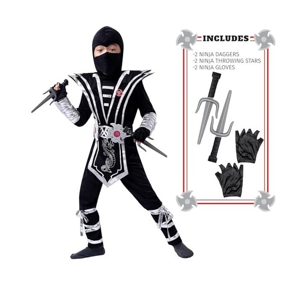 Spooktacular Creations Ensemble de costumes Silver Ninja Deluxe avec accessoires en mousse Ninja jouets pour enfants Kung Fu 