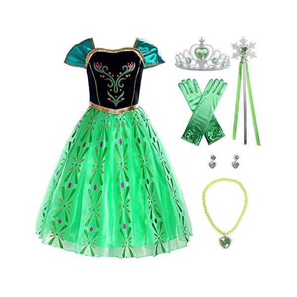 ReliBeauty Petites Filles Robe de Princesse Costume Vert avec Accessoires,5-6 ans/110