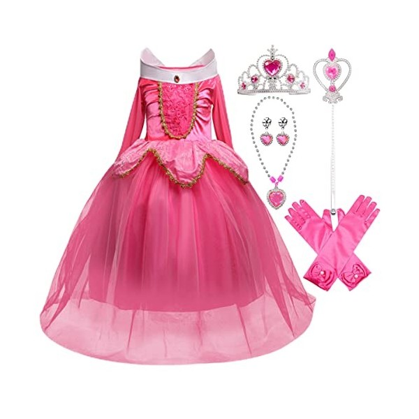 LOBTY Filles princesse Aurora hors épaule Costume rose enfants déguisement Halloween fête de noël déguisement diadème baguett