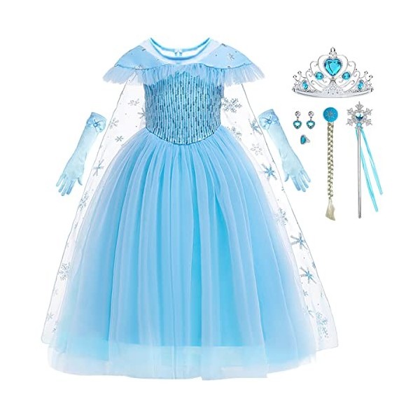 Robe Déguisement Costume Bleu Reine Neiges Frozen Elsa Fille