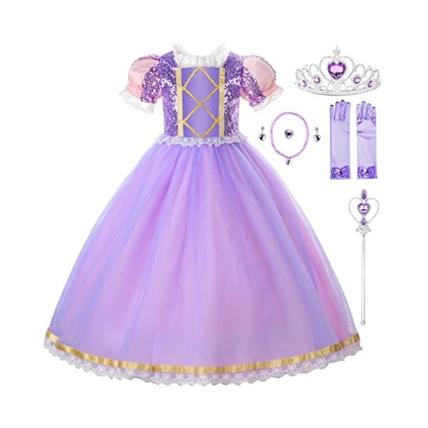 JerrisApparel Filles Princesse Costume Paillette Noël Fête Cosplay Déguisement Robe 5 Ans, Lilas avec Accessoires 