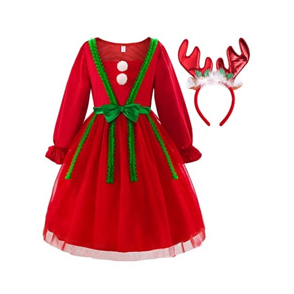 ReliBeauty Déguisement Mère Noël Robe Costume Lutin Rouge pour Enfants Filles 12ans, 150