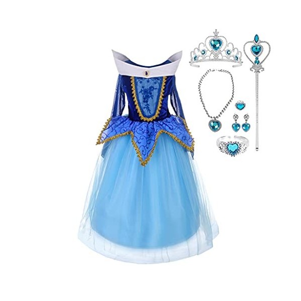 Lito Angels Deguisement Robe Bleu La Belle au Bois Dormant Princesse Aurore avec Accessories Enfant Fille, Costume Halloween 