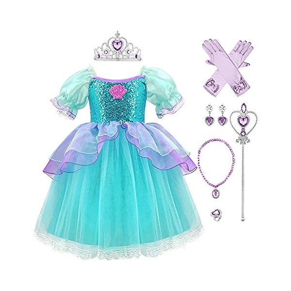 Deguisement Robe Princesse Ariel Costume de Sirène pour Enfant Fille, Robe Ariel la petite sirene avec Accessoires, Enfants C