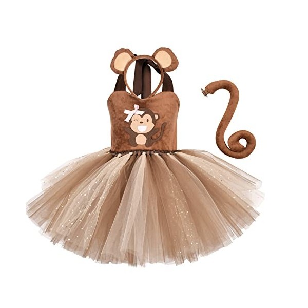 Enfant Filles Déguisement dhalloween Animaux Cosplay Singe Costume Licou Princesse Robe Tutu avec Queue Bandeau doreille Te