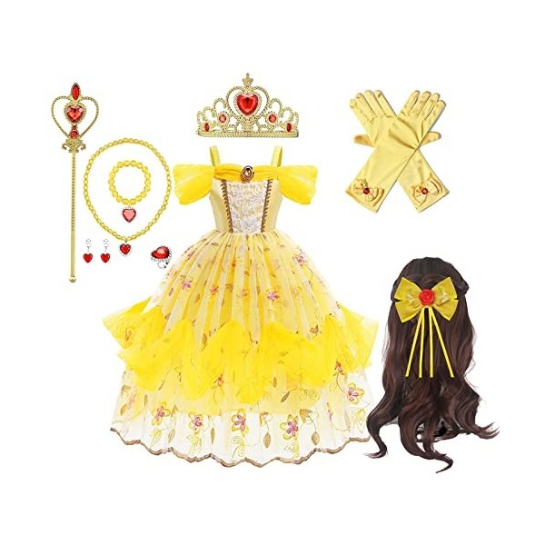 MRLTOP Belle Princess Dress Up Girls Dress Up Set La Belle et la Bête Enfants Costume Déguisement Princesse avec Couronne Orn