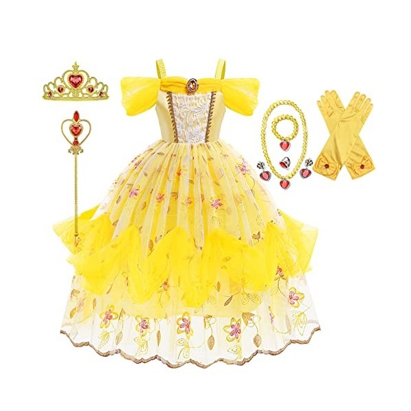 MRLTOP Belle Princess Dress Up Girls Dress Up Set La Belle et la Bête Enfants Costume Déguisement Princesse avec Couronne Orn