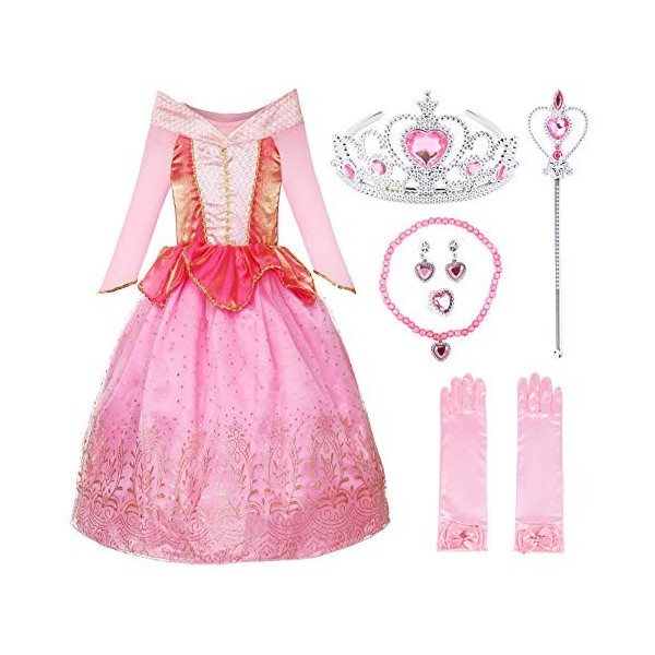 JerrisApparel Fille Princesse Aurora Costume Élégant Tulle Fête Robe Aurore Rose avec Accessoires, 6 Ans 