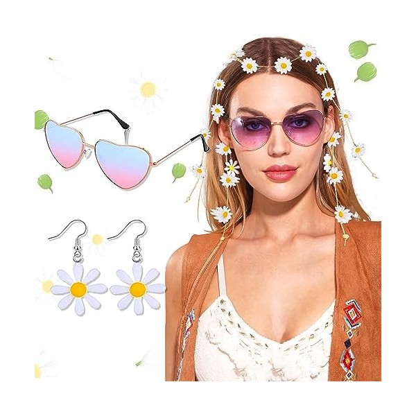 JeVenis Daisy Hippie Costume Accessoires pour femmes Collier signe de paix Boho Retro Bandeau marguerite 60s 70s Hippie Acces