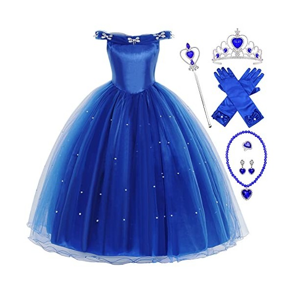 Eleasica Robe de Soirée Fille Princesse Cendrillon Robe de Princesse Elsa Reine des Nerige Baguette Magique Couronne Déguisem