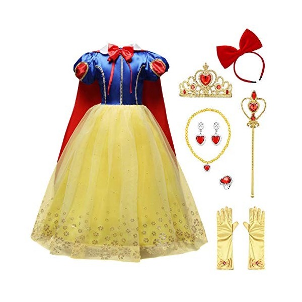 Robe de Princesse Filles Blanche Neige Déguisement avec Cape Snow White Costume Cosplay Conte de Fée Robe de Soirée Halloween