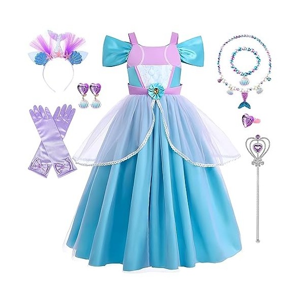 Robe Princesse Fille, Sirène Costume Déguisement Enfant, Robe Princesse Sirène avec Accessoires, Robe Fête Anniversaire pour 