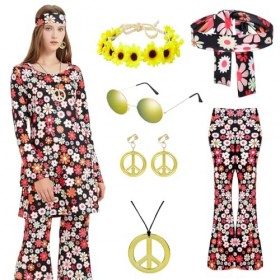 WILDPARTY Ensemble de vêtements hippie des années 70 pour femme - Comprend une robe, un pantalon, des accessoires hippie, des