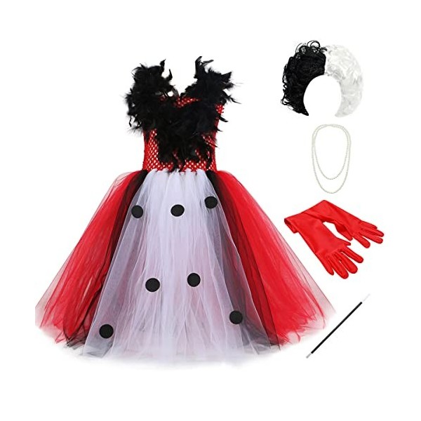 IWEMEK Déguisement Cruella Enfant Fille 101 Dalmatien Costume sans manches tricoté Tutu robe avec perruque gants accessoires 